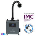 A gray portable Aerovex Systems Whisper MiniVent™ Source Capture System with a flexible black hose and led light extending upward. Text reads “Designed to meet IMC International Mechanical Code" and “Vents to Outside Exhaust Hose Included” with a small product image. Read more at Aerovex Systems (aerovexsystems.com)