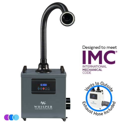 aerovex-whisper-minivent-gray-single-vto-led-front-imc A gray portable Aerovex Systems Whisper MiniVent™ Source Capture System with a flexible black hose and led light extending upward. Text reads “Designed to meet IMC International Mechanical Code" and “Vents to Outside Exhaust Hose Included” with a small product image. Read more at Aerovex Systems (aerovexsystems.com)