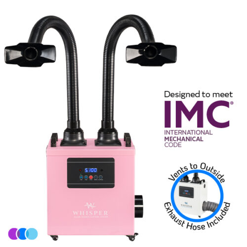 aerovex-whisper-minivent-pink-dual-vto-front-imc A pink portable Aerovex Systems Whisper MiniVent™ Source Capture System with two flexible black hoses, control panel on front, and wheels. Text reads “Designed to meet IMC (International Mechanical Code),” and “Vents to Outside, Exhaust Hose Included.” Three colored dots are below. Read more at Aerovex Systems (aerovexsystems.com)