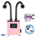 A pink Whisper MiniVent™ Source Capture System | Dual Station with two black flexible exhaust hoses, digital display, and “Vents to Outside.” IMC certified. Three colored circles at the bottom left of the image. Read more at Aerovex Systems (aerovexsystems.com)