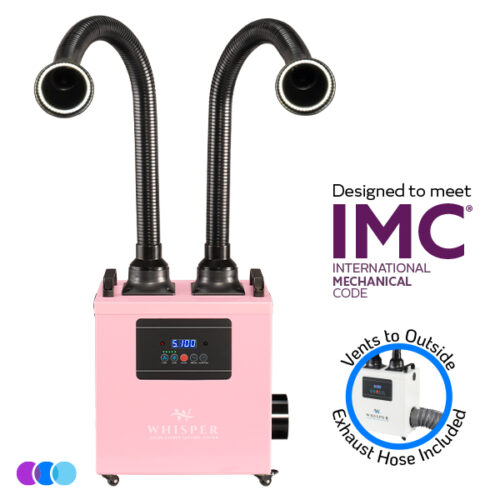 aerovex-whisper-minivent-pink-dual-vto-led-front-imc A pink Whisper MiniVent™ Source Capture System | Dual Station with two black flexible exhaust hoses, digital display, and “Vents to Outside.” IMC certified. Three colored circles at the bottom left of the image. Read more at Aerovex Systems (aerovexsystems.com)