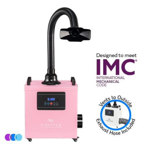 aerovex-whisper-minivent-pink-single-vto-front-imc A pink Aerovex Whisper MiniVent™ Source Capture System air purifier with a flexible black exhaust hose attached. The front panel displays controls and a digital screen. Text reads "Designed to meet IMC" and "Vents to Outside, Exhaust Hose Included" with a small inset image of the hose. Read more at Aerovex Systems (aerovexsystems.com)