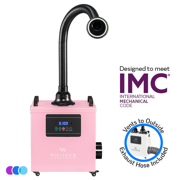 A pink portable Aerovex Systems Whisper MiniVent Source Capture System with a flexible black suction hose with led light attached. The front panel displays controls and a digital screen. Text reads Designed to meet IMC, Vents to Outside, and Exhaust Hose Included. Three color circles are at the bottom left. Read more at Aerovex Systems (aerovexsystems.com)
