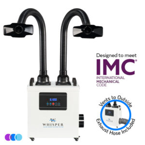 A white portable Aerovex Systems Whisper MiniVent™ Source Capture System has two flexible black hoses and wide nozzles. The control panel displays settings. Badges state “Designed to meet IMC” and “Vents to Outside, Exhaust Hose Included.” Three color circles are shown bottom left. Read more at Aerovex Systems (aerovexsystems.com)