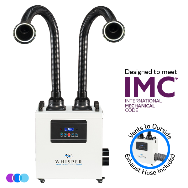 A white portable Aerovex Systems Whisper MiniVent™ Source Capture System | Dual Station has digital display and two black flexible exhaust hoses with LED lit ends. Text reads "Designed to meet IMC International Mechanical Code" and "Vents to Outside, Exhaust Hose Included." Three colored dots appear at the bottom left. Read more at Aerovex Systems (aerovexsystems.com)