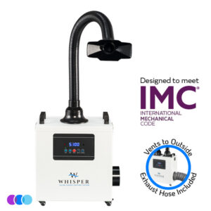 A white portable Aerovex Systems Whisper MiniVent™ Source Capture System has a flexible black hose with a hood, a digital display, side handles, and a side exhaust hose. Text reads “Designed to meet IMC INTERNATIONAL MECHANICAL CODE” and “Vents to Outside Exhaust Hose Included” with an inset product hose image. Read more at Aerovex Systems (aerovexsystems.com)