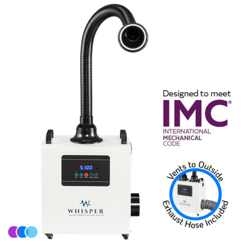 A white Aerovex Whisper MiniVent™ Source Capture System | Single Station has a flexible black hose with an led lighted hood, a digital display, side handles, and a side exhaust hose. Text reads “Designed to meet IMC INTERNATIONAL MECHANICAL CODE” and “Vents to Outside Exhaust Hose Included” with an inset product hose image. Read more at Aerovex Systems (aerovexsystems.com)