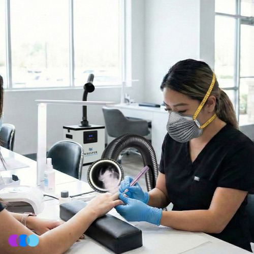 aerovex-whisper-single-white-led-background-whisper-n95-mask A nail technician in a mask and gloves uses an electric nail file on a client’s nails. A flexible extractor hose removes dust, and a clear divider separates them. The salon is bright with large windows, and safety measures are clearly in place. Read more at Aerovex Systems (aerovexsystems.com)