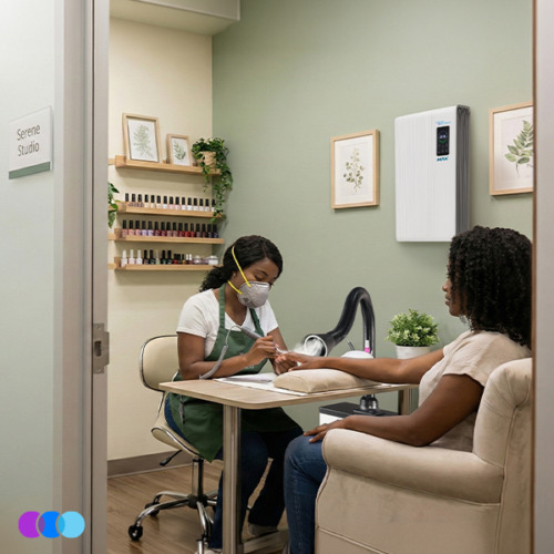 aerovex-white-whisper-single-led-max-mint-nail-studio A nail technician wearing a mask files the nails of a client seated across a small table in a clean, well-lit nail salon. The salon has pastel green walls, framed art, shelves with nail polish, and a white air purifier on the wall. Read more at Aerovex Systems (aerovexsystems.com)