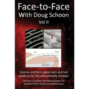 The "Face-To-Face with Doug Schoon Volume II" book cover features nail anatomy diagrams on a red patterned background, and presents nail science and product facts along with expert answers from nail professionals. Read more at Aerovex Systems (aerovexsystems.com)