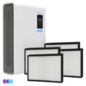 The Aerovex Max™ Bundle (Dual Core Wall Mounted Air Purifier + Extra Filters) features a white Aerovex Max air purifier with a front digital display, standing upright beside four rectangular replacement filters, shown with purple, blue, and cyan color dots on white. Read more at Aerovex Systems (aerovexsystems.com)