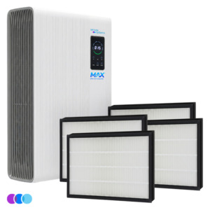 The Aerovex Max™ Bundle (Dual Core Wall Mounted Air Purifier + Extra Filters) features a white Aerovex Max air purifier with a front digital display, standing upright beside four rectangular replacement filters, shown with purple, blue, and cyan color dots on white. Read more at Aerovex Systems (aerovexsystems.com)