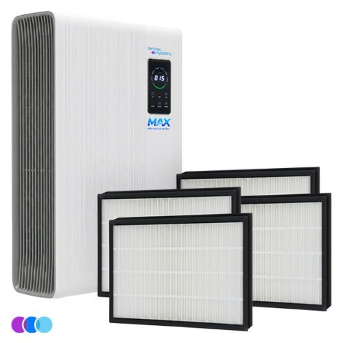 The Aerovex Max™ Bundle (Dual Core Wall Mounted Air Purifier + Extra Filters) features a white Aerovex Max air purifier with a front digital display, standing upright beside four rectangular replacement filters, shown with purple, blue, and cyan color dots on white. Read more at Aerovex Systems (aerovexsystems.com)