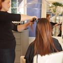A hairstylist uses a heated styling tool on a seated client's long brown hair in a salon. The client wears a black cape and sits under an overhead hair dryer with a clear hood. The salon features light purple walls, a window, and a mirror. Read more at Aerovex Systems (aerovexsystems.com)