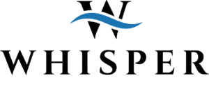 Logo for Whisper Nail Salon Source Capture System. The main layout features a stylized W with a blue wave cutting through it, positioned above bold, black WHISPER. Smaller white text below reads Nail Salon Source Capture System. Read more at Aerovex Systems (aerovexsystems.com)