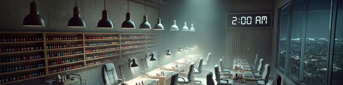 A modern nail salon with empty chairs and workstations, shelves lined with colorful nail polish bottles, and a large digital clock on the wall reading 2:00 AM. Dim lighting accentuates how fine nail dust lingers in salon air for hours after it closes as city lights shine through the window at night. Read more at Aerovex Systems (aerovexsystems.com)