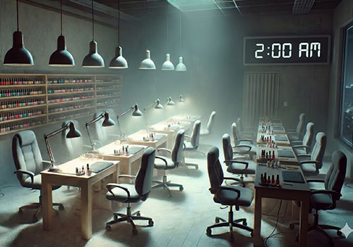 A modern nail salon with empty chairs and workstations, shelves lined with colorful nail polish bottles, and a large digital clock on the wall reading 2:00 AM. Dim lighting accentuates how fine nail dust lingers in salon air for hours after it closes as city lights shine through the window at night. Read more at Aerovex Systems (aerovexsystems.com)