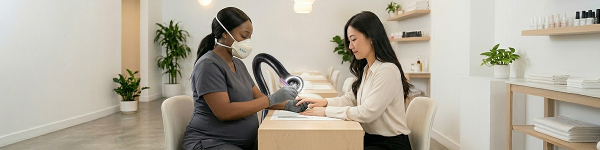 A nail technician wearing an Airwave N95 face mask and gloves gives a manicure to a seated woman in a modern, bright nail salon with plants, shelves of products, and white walls with an Aerovex Whisper MiniVent nail source capture system vaccuming the debris and VOCs away from their breathing zone. Both women are focused on the hands being worked on. Read more at Aerovex Systems (aerovexsystems.com)