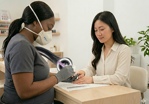 A nail technician wearing an Airwave N95 face mask and gloves gives a manicure to a seated woman in a modern, bright nail salon with plants, shelves of products, and white walls with an Aerovex Whisper MiniVent nail source capture system vaccuming the debris and VOCs away from their breathing zone. Both women are focused on the hands being worked on. Read more at Aerovex Systems (aerovexsystems.com)