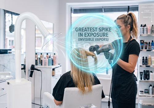 A hairstylist blow dries a clients long blonde hair for a keratin hair smoothing treatment in a bright, modern salon with shelves of hair products. A blue hologram shield highlights advanced salon ventilation for keratin treatments, adding a futuristic touch to the scene. Read more at Aerovex Systems (aerovexsystems.com)