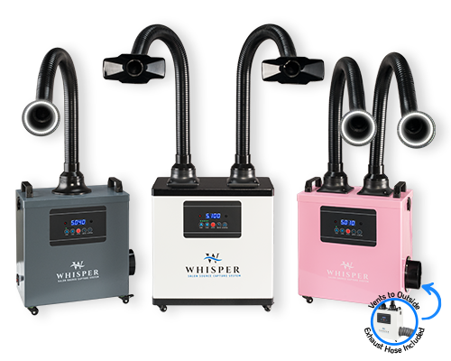 Three Whisper-brand air filtration units by Aerovex Systems in gray, white, and pink stand side by side. Each features flexible black exhaust arms with vents, a digital control panel, and a small image highlighting the included exhaust hose. Read more at Aerovex Systems (aerovexsystems.com)