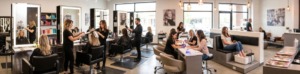 A modern, brightly lit salon with stylists working on clients' hair at stations on the left, while others receive manicures and pedicures on the right. Large windows, pendant lights, and shelves with hair products decorate the spacious, clean interior. Read more at Aerovex Systems (aerovexsystems.com)