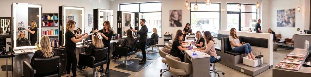 A modern, brightly lit salon with stylists working on clients' hair at stations on the left, while others receive manicures and pedicures on the right. Large windows, pendant lights, and shelves with hair products decorate the spacious, clean interior. Read more at Aerovex Systems (aerovexsystems.com)