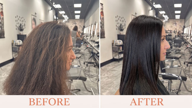 Split image in a salon: left shows a woman with thick, frizzy, dry hair labeled "BEFORE"; right shows the same woman with smooth, shiny, straight hair labeled "AFTER." Source capture ventilation ensures safer air during hair and nail services. Read more at Aerovex Systems (aerovexsystems.com)