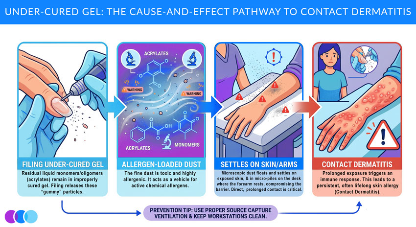 A four-step infographic explains how under-cured gel causes contact dermatitis nail tech professionals may experience. It shows filing gel producing dust, allergens in dust, dust settling on skin, and resulting uncured gel nail allergy symptoms. Prevention tip included. Read more at Aerovex Systems (aerovexsystems.com)