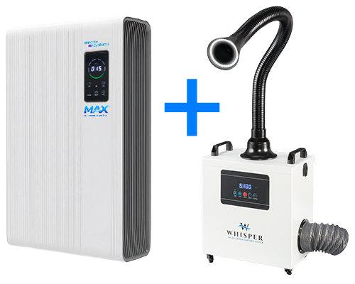 A white Aerovex Systems Max Wall Mounted air purifier with a digital display and control panel is shown next to a white Aerovex Whisper MiniVent source capture system with a single black flexible hose and LED light. A blue plus sign between them suggests combination or synergy. Read more at Aerovex Systems (aerovexsystems.com)